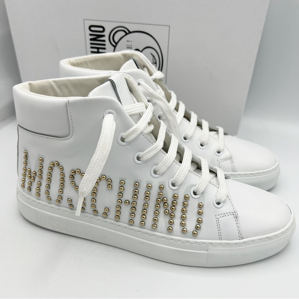 Moschino Logo High top Sneakers Size EU 38 US 8 White NEW Gold Studded